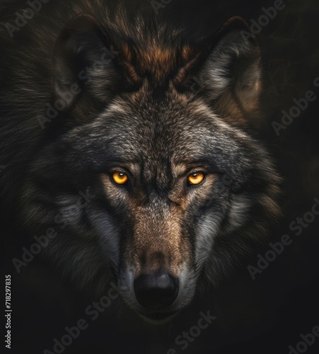  a close up of a wolf's face on a black background with yellow eyes and a black background with a black background with a wolf's head and yellow eyes.