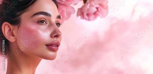  a close up of a woman's face with powder on her cheek and pink flowers in front of her, on a pink background with white frother.