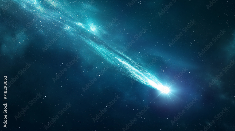 Super Bright Comet at Night, A comet, an asteroid, a meteorite falls to the ground against a starry sky. Attack of the meteorite. Meteor Rain. Kameta tail. End of the world. Astranomy