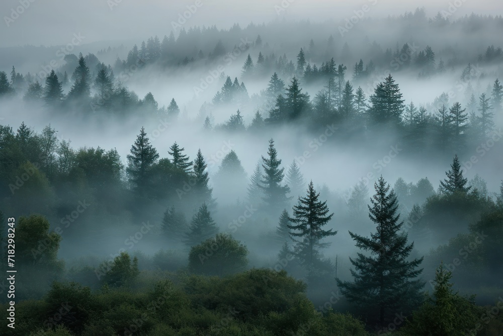 Morning fog shrouds evergreen trees; Washington,