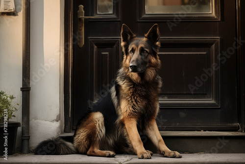 A faithful Alsatian waits pensively on the doorstep, embodying loyalty and patience