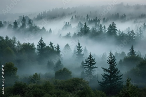 Morning fog shrouds evergreen trees; Washington,