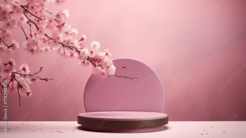 Présentoir, podium rose. Composition florale de branches et fleurs de cerisier. Piédestal pour produit cosmétique ou de beauté. Naturel, élégant, féminin. Pour conception et création graphique. Présentoir, podium rose. Composition florale de branches et fleurs de cerisier. Piédestal pour produit cosmétique ou de beauté. Naturel, élégant, féminin. Pour conception et création graphique.