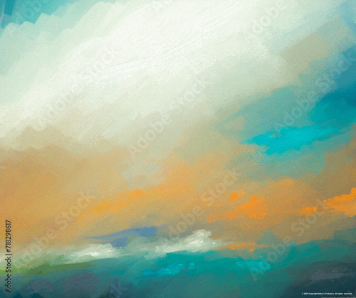 Impressionistic Cloud Seascape at Sunrise or Sunset with Teal  Bright Orange Art  Digital Painting  Artwork  Design  Illustration