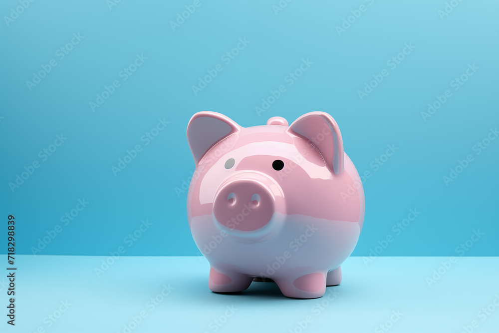 Pink piggy bank on blue background, copy space. Pink piggy bank on blue background, copy space.