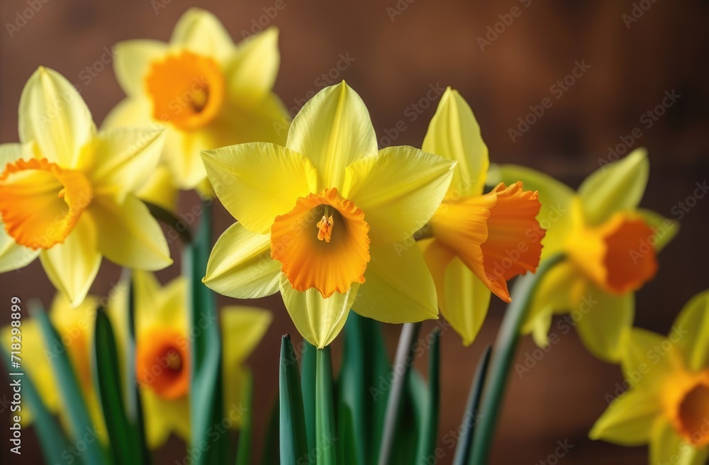 St. Davids Day, International Womens Day, Mothers Day, spring flowers, bouquet of yellow daffodils, brown background