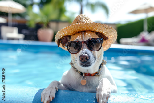 Portrait of a realistic happy dog with sunglass, holiday summer vacation relax vibe concept. Funny dog with sunglasses on summer towards swimming pool. Cute Dog Wearing Glasses, Vacation Dog © Nataliia_Trushchenko