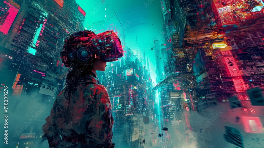Young woman wearing virtual reality goggles in futuristic city. A surreal cyberpunk landscape with a central focus on a girl wearing virtual reality gear. Young woman wearing virtual reality goggles in futuristic city. A surreal cyberpunk landscape with a central focus on a girl wearing virtual reality gear.
