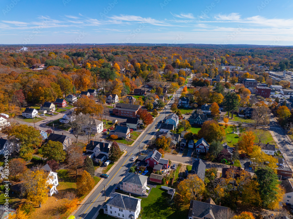 Historic residential houses aerial view on Hopedale Street in fall in historic town center of Hopedale, Massachusetts MA, USA.  