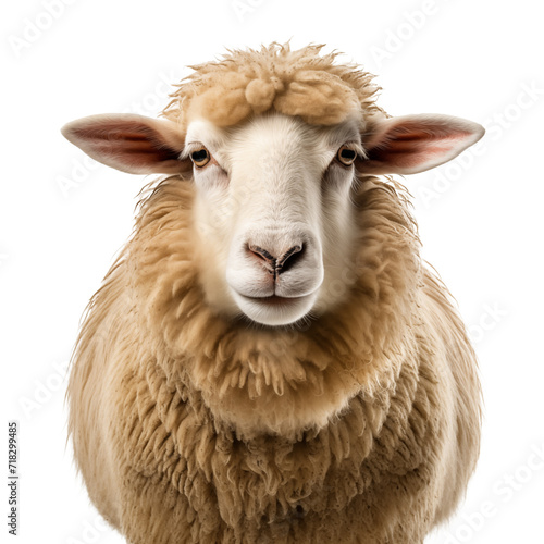 sheep looking into frame close up on isolated white background