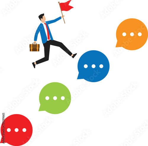 Effective advice or feedback to motivate success and comments opinions for career, help or communication to support employees, businessman jumps on speech bubble advice to success.
