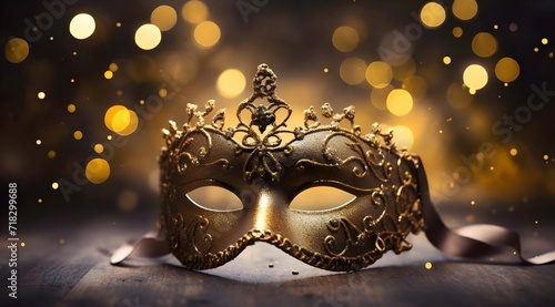 Image of elegant and delicate gold carnival mask over bokeh background.