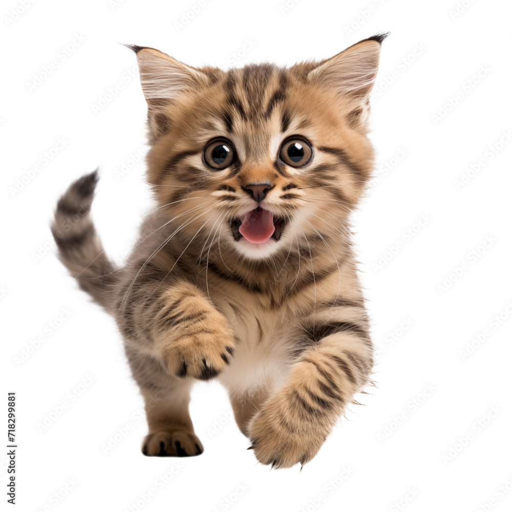 Obraz premium cute cheerful kitten runs to a meeting on a white isolated background
