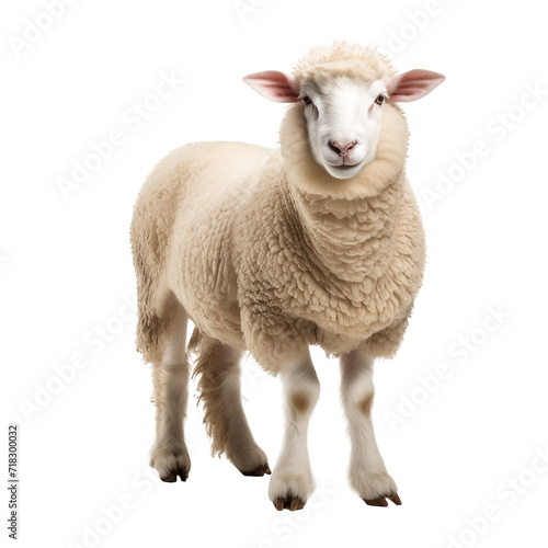 sheep looks into the frame at full length on an isolated white background