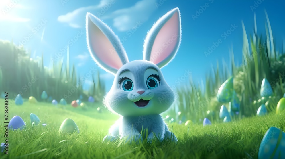 Fototapeta premium Easter bunny in the grass with blue eggs.
