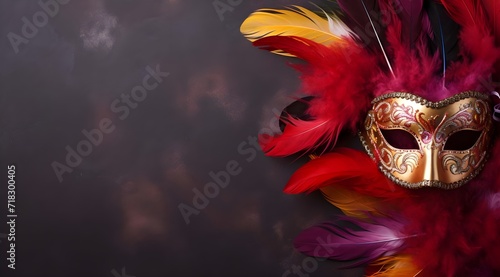 Carnival mask with feathers on black background, copy space.