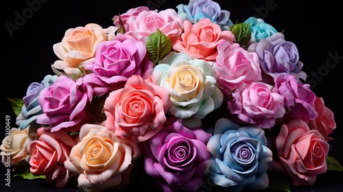  a bouquet of multicolored roses sitting on top of a black table next to a green leafy plant.