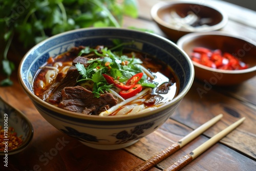 Fiery beef noodle soup: a spicy delight on a wooden table, a feast for the senses generative ai