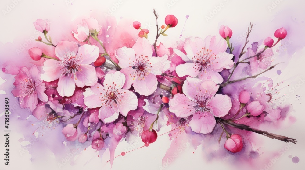  a painting of a bunch of pink flowers on a white background with a splash of watercolor on the bottom of the image.