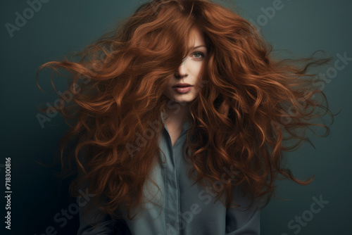 A women with vibrant, flowing auburn hair against a serene teal backdrop, embodying freedom and natural beauty.
