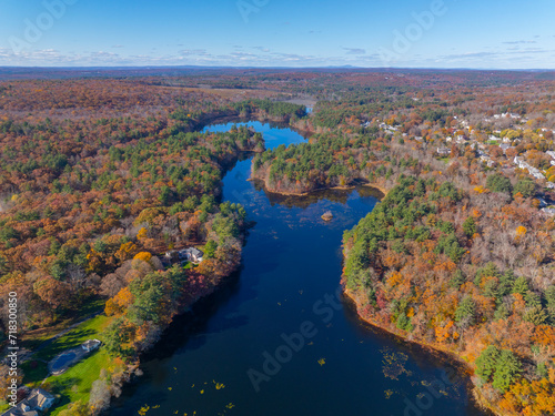 Hopedale Pond aerial view on Mill River in fall in historic town center of Hopedale, Massachusetts MA, USA. 
