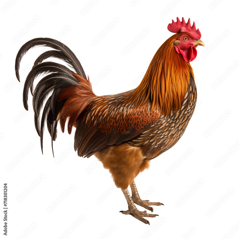 Fototapeta premium rooster in full-length profile on a white isolated background.