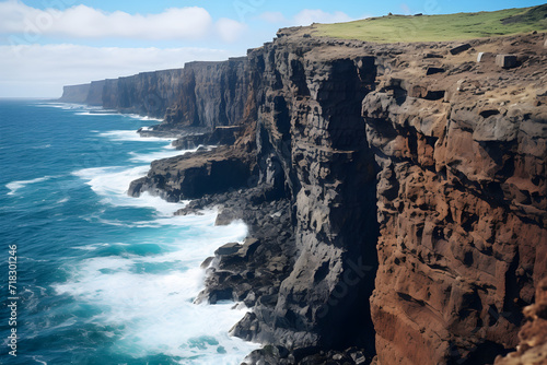 Eternal Stand: An imposing depiction of eroded cliffs set against the vibrant hues of the ocean and sky