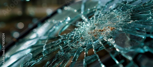 A close-up of a shattered car windshield revealed a web of intricate cracks, evidence of the forceful impact it had endured, leaving behind a scene of chaos and potential danger. photo