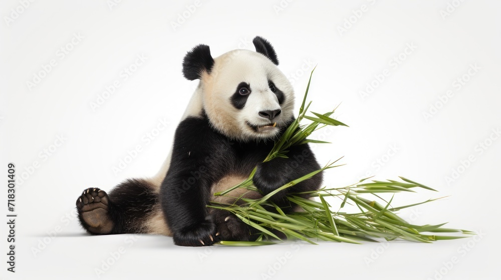 a panda bear sitting on the ground with a bunch of grass in it's mouth and looking at the camera. a panda bear sitting on the ground with a bunch of grass in it's mouth and looking at the camera.