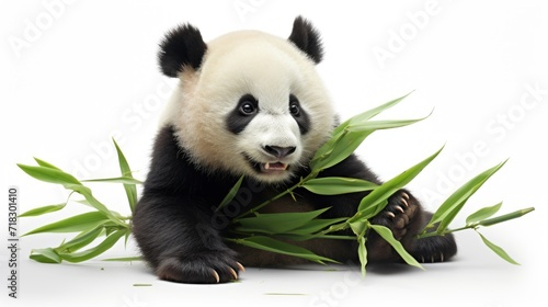 a panda bear sitting on top of a lush green leafy plant next to it s face and mouth.