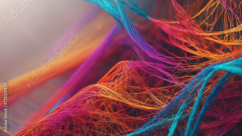 Abstract background with interweaving of colored lines and dots. Network connection structure. Data exchange. 3D stock photo