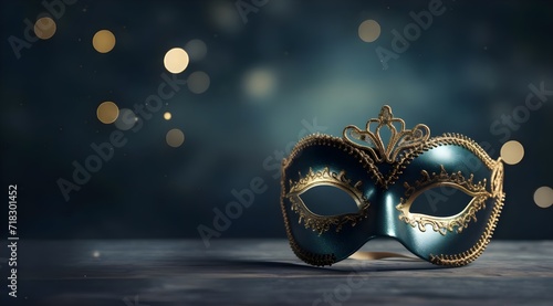 Elegant dark blue carnival mask on a dark background with bokeh.