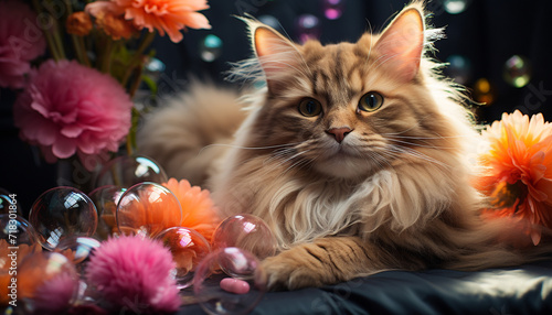 Cute kitten sitting, looking at camera, surrounded by flowers generated by AI