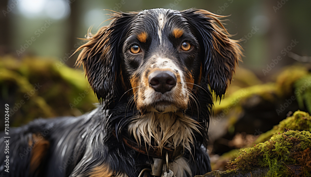 Cute puppy sitting outdoors, looking at camera generated by AI Cute puppy sitting outdoors, looking at camera generated by AI