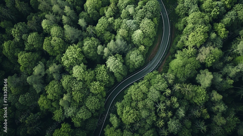 Aerial top view, mountaint road in dark green forest,