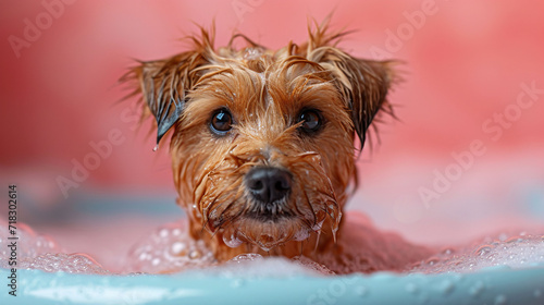 Pomeranian dog bathing in pink bathtub at home, work from home, take care your pet at house, spa for animal by myself concept, funny face dog ear up look forward