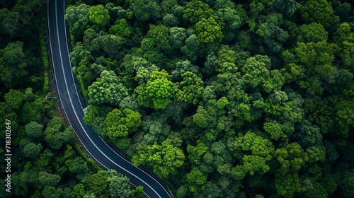 Aerial top view, mountaint road in dark green forest,