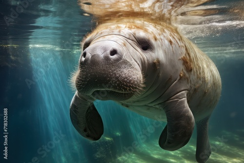 manatee animal or sea cow swimming underwater closeup