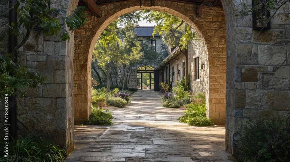 Arched stone entry to luxury home