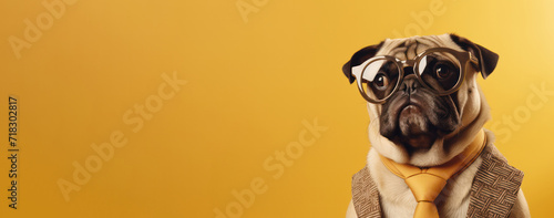 pug dog looking serious with tie and suit in glasses on yellow background copy space left. Optics eyewear salon. photo