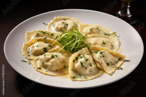 gourmet truffle ravioli Italian pasta dish on white plate closeup on black background