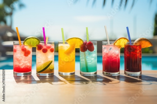 colorful tropical cocktails in glasses with straw by the pool at luxury hotel resort. All inclusive summer  vacation holidays. Relaxing travel. Pool party.