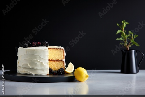 lemon chiffon cake in fancy minimal black kitchen with spring flowers. Sweet classic dessert for birthday celebration. photo