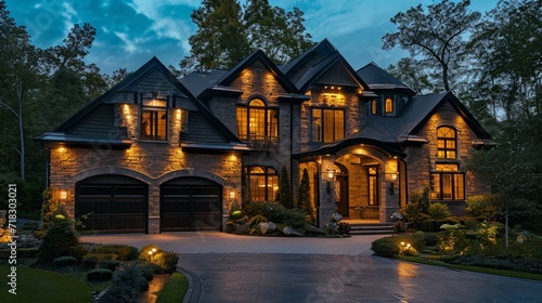 Beautiful home exterior in evening with glowing interior lights and landscaping