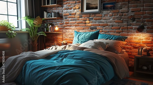 Bed with blue pillow and coverlet near fireplace. Loft interior design of modern bedroom with brick wall. photo