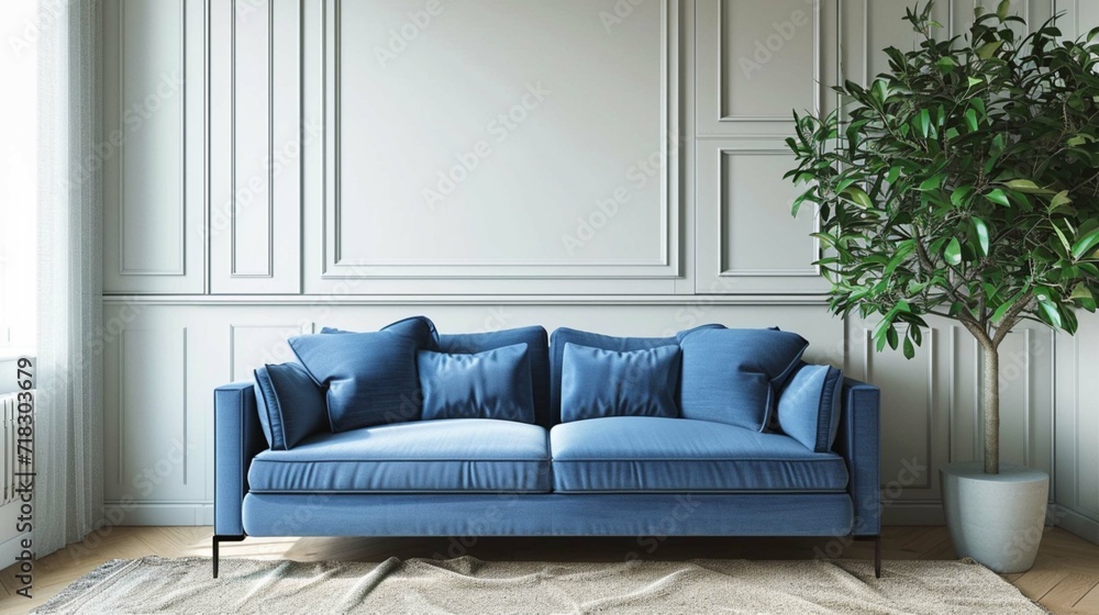 Blue sofa against paneling wall. Minimalist loft home interior design of modern living room. - obrazy, fototapety, plakaty 