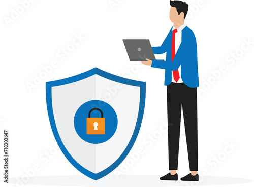 Terms and conditions and privacy policy user consent, remote transaction and personal data protection, Man sitting in front of lock with laptop.
