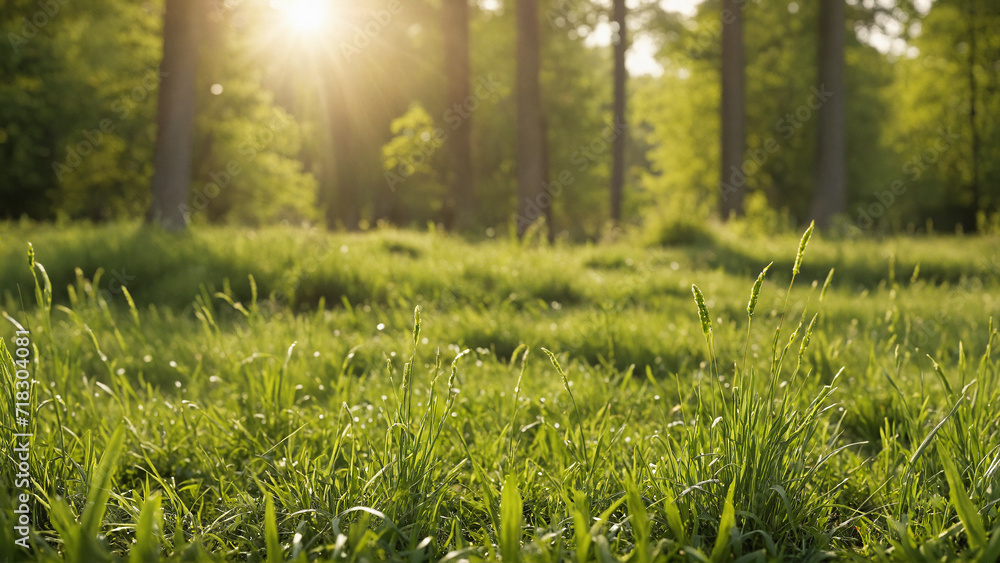 The background trees frame a field of grass, kissed by the sun's rays and enhanced by an anamorphic lens flare
