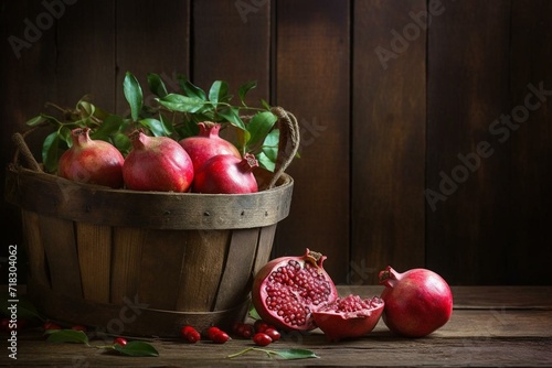 Fresh pomegranates in rustic bucket on background of weathered wood. Generative AI