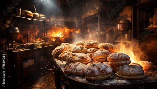 Working in a commercial kitchen, a craftsperson prepares a gourmet meal, baking fresh bread in a wood fired oven generated by AI